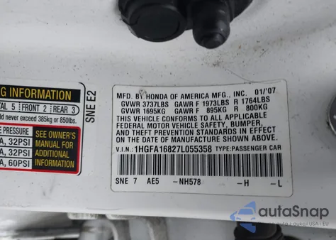 2007 Honda Civic Ex z USA, uszkodzony, nr VIN 1HGFA16827L055358